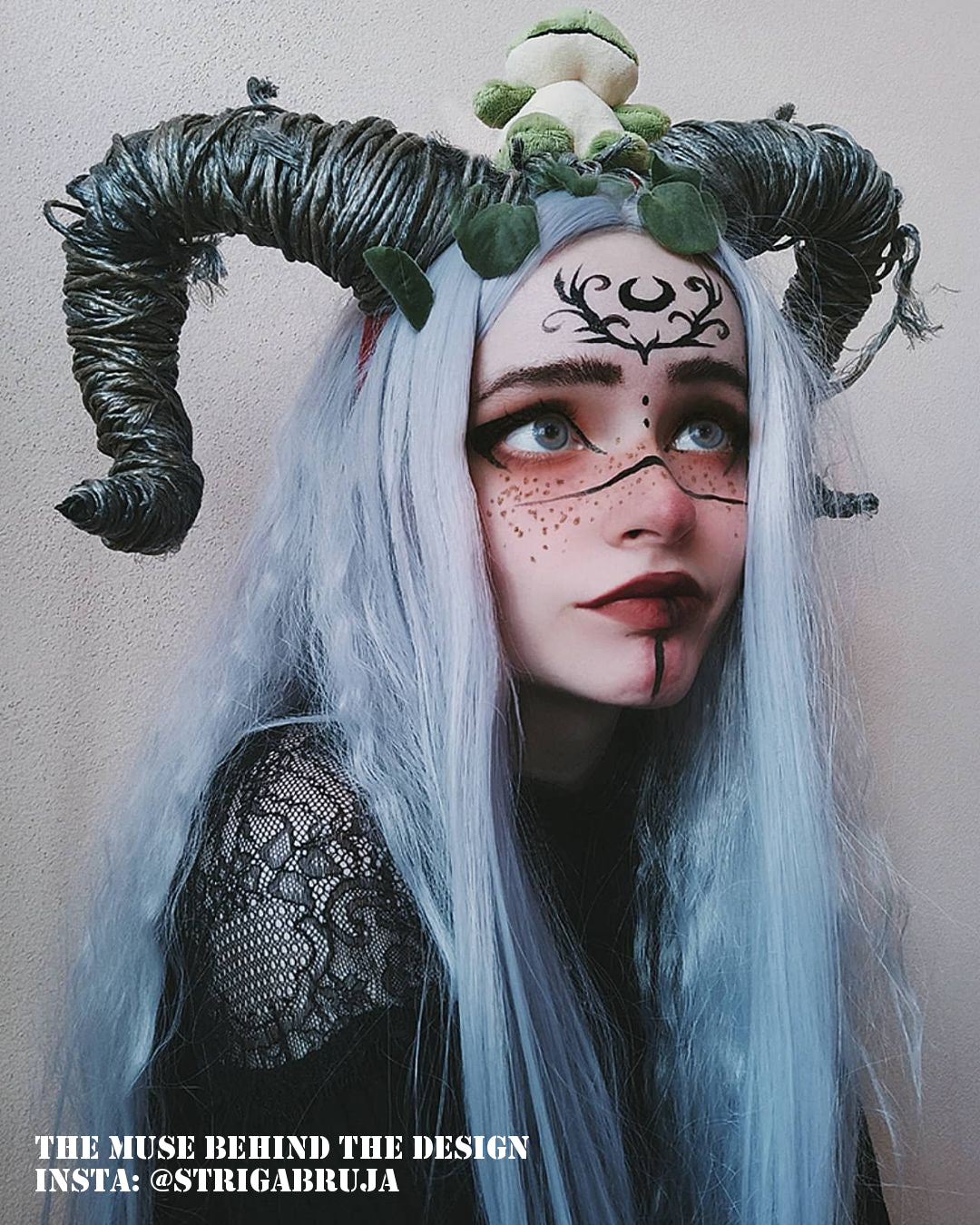 Cosplay goblincore soft goth aesthetic girl with forest witch make up. 