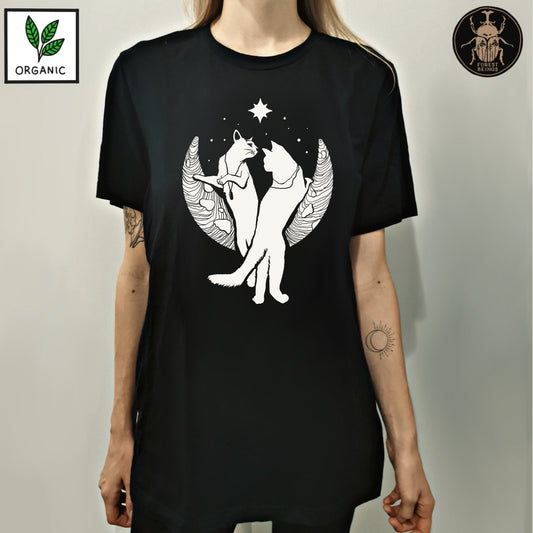 Two cats with the moon crescent on a goth t-shirt