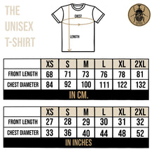 Load image into Gallery viewer,  The unisex t-shirt measurement chart shows as follows:  Size XS has length of 68 cm and chest diameter of 84 cm.  Size S has length of 71 cm and chest diameter of 92 cm.  Size M has length of 73 cm and chest diameter of 100 cm.  Size L has length of 76 cm and chest diameter of 111 cm.  Size XL has length of 78 cm and chest diameter of 122 cm.  Size XL has length of 81 cm and chest diameter of 132 cm. 
