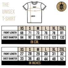 Load image into Gallery viewer, The unisex t-shirt measurement chart shows as follows:  Size XS has length of 68 cm and chest diameter of 84 cm.  Size S has length of 71 cm and chest diameter of 92 cm.  Size M has length of 73 cm and chest diameter of 100 cm.  Size L has length of 76 cm and chest diameter of 111 cm.  Size XL has length of 78 cm and chest diameter of 122 cm.  Size XL has length of 81 cm and chest diameter of 132 cm. 

