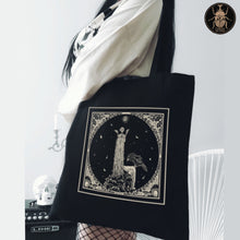 Load image into Gallery viewer, Sitting Princess Tuvstarr fairytale design on a gothic aesthetic tote bag.
