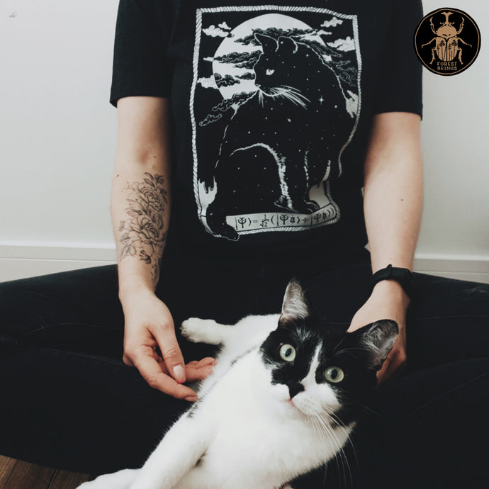 Gothic girl with tattoos, wearing a soft goth aesthetic t-shirt with a white witchy schrodinger cat design on it. Having a white cat in her lap.